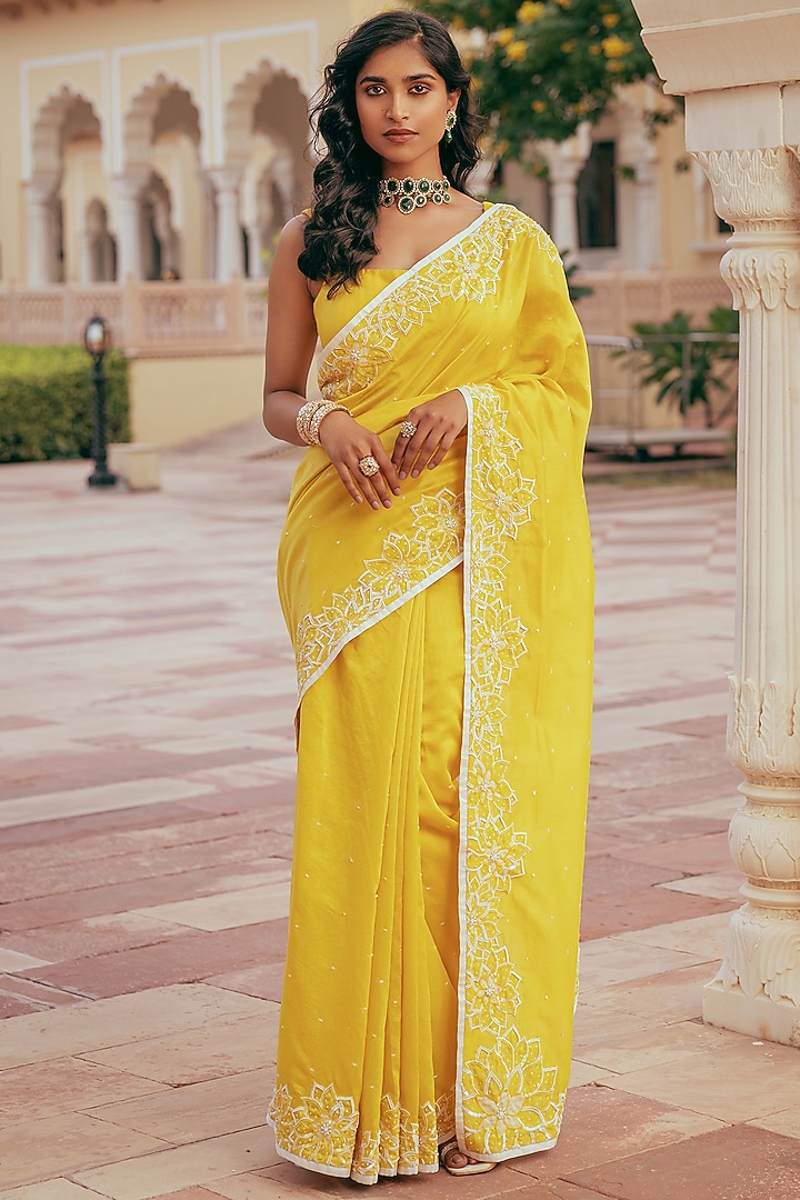 Yellow Silk Chanderi Embroidered Party Wear Saree by Keosha at Pernia's Pop Up Shop