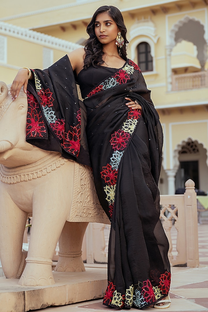 Black Silk Organza Sequins Embroidered Saree by Keosha at Pernia's Pop Up Shop