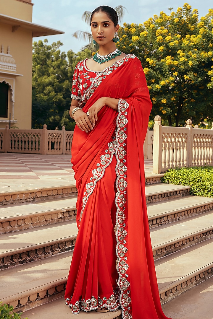 Red Georgette Hand Embroidered Saree Set by Keosha