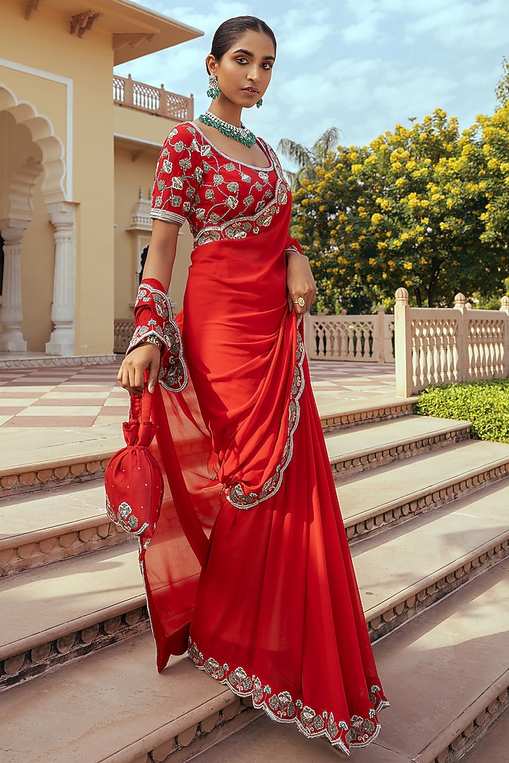 Red Georgette Hand Embroidered Wedding Saree Set by Keosha at Pernia's Pop Up Shop
