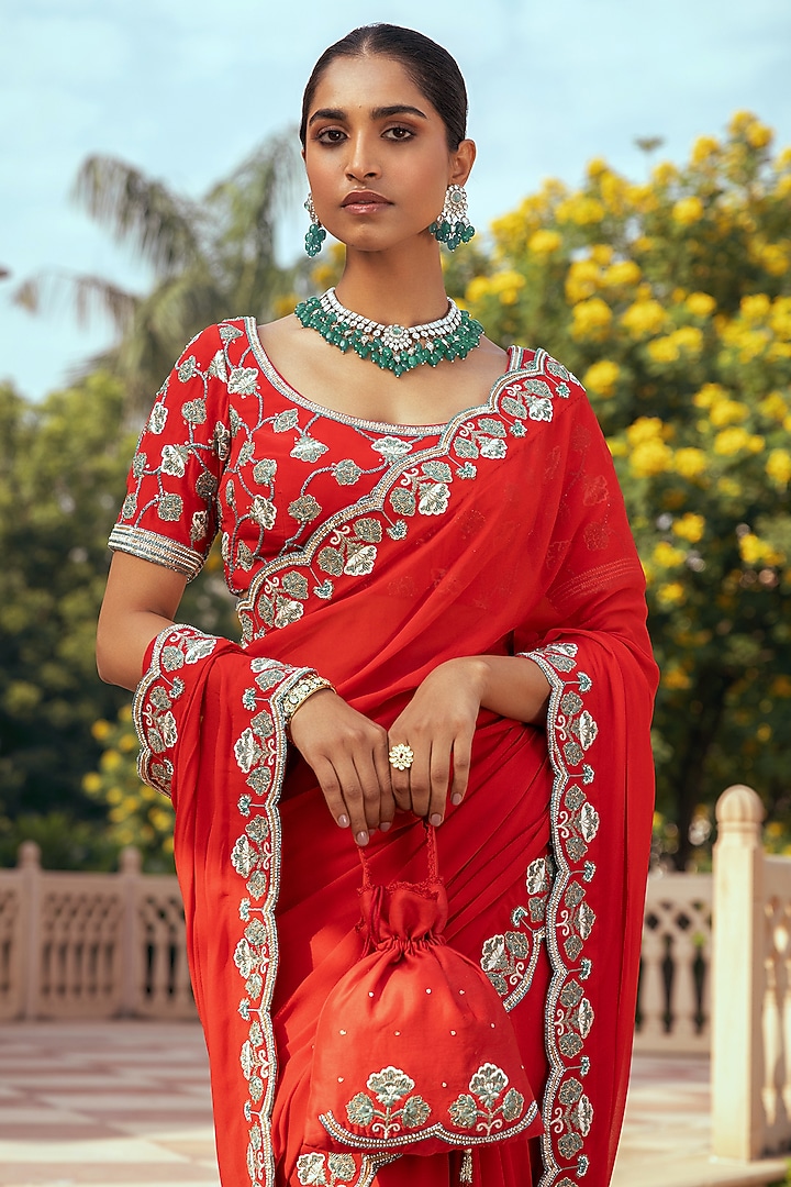 Red Georgette Hand Embroidered Wedding Saree Set by Keosha at Pernia's Pop Up Shop