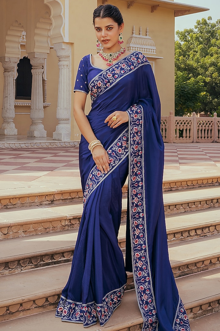 Blue Pure Silk Hand Embroidered Wedding Saree Set by Keosha at Pernia's Pop Up Shop