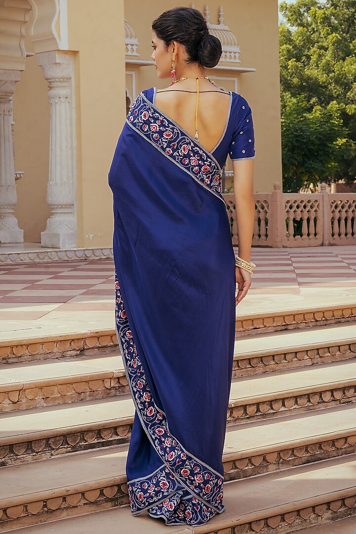 Blue Pure Silk Hand Embroidered Wedding Saree Set by Keosha at Pernia's Pop Up Shop