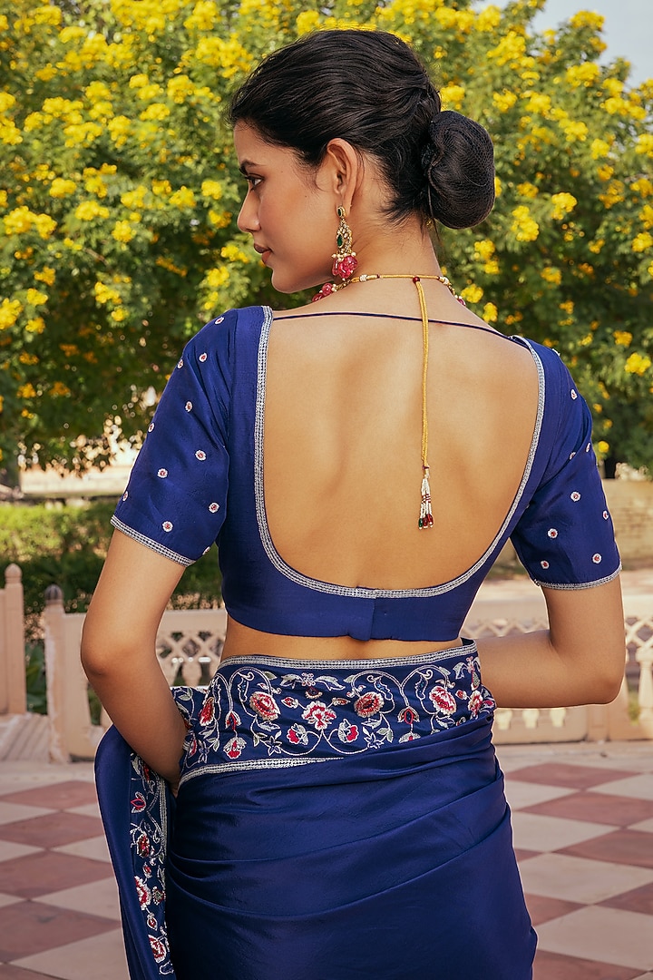 Blue Pure Silk Hand Embroidered Wedding Saree Set by Keosha at Pernia's Pop Up Shop