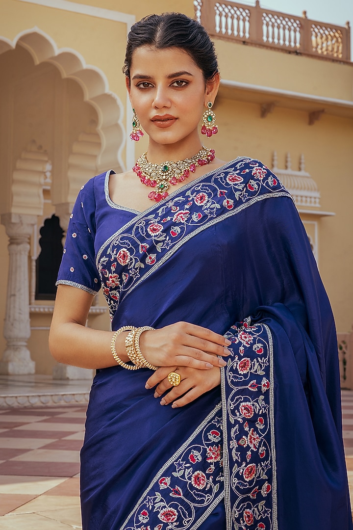 Blue Pure Silk Hand Embroidered Wedding Saree Set by Keosha at Pernia's Pop Up Shop