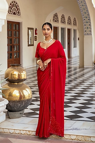 Red Crepe Floral Embroidered Saree Set by Keosha