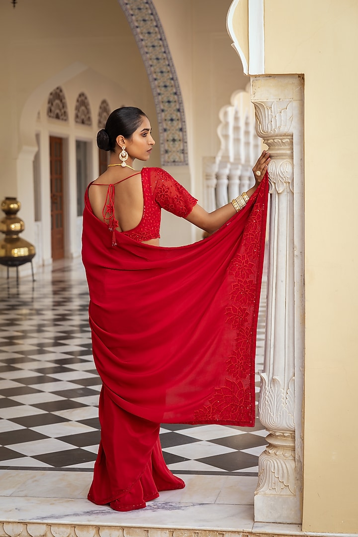 Red Crepe Floral Embroidered Party Wear Saree Set by Keosha at Pernia's Pop Up Shop
