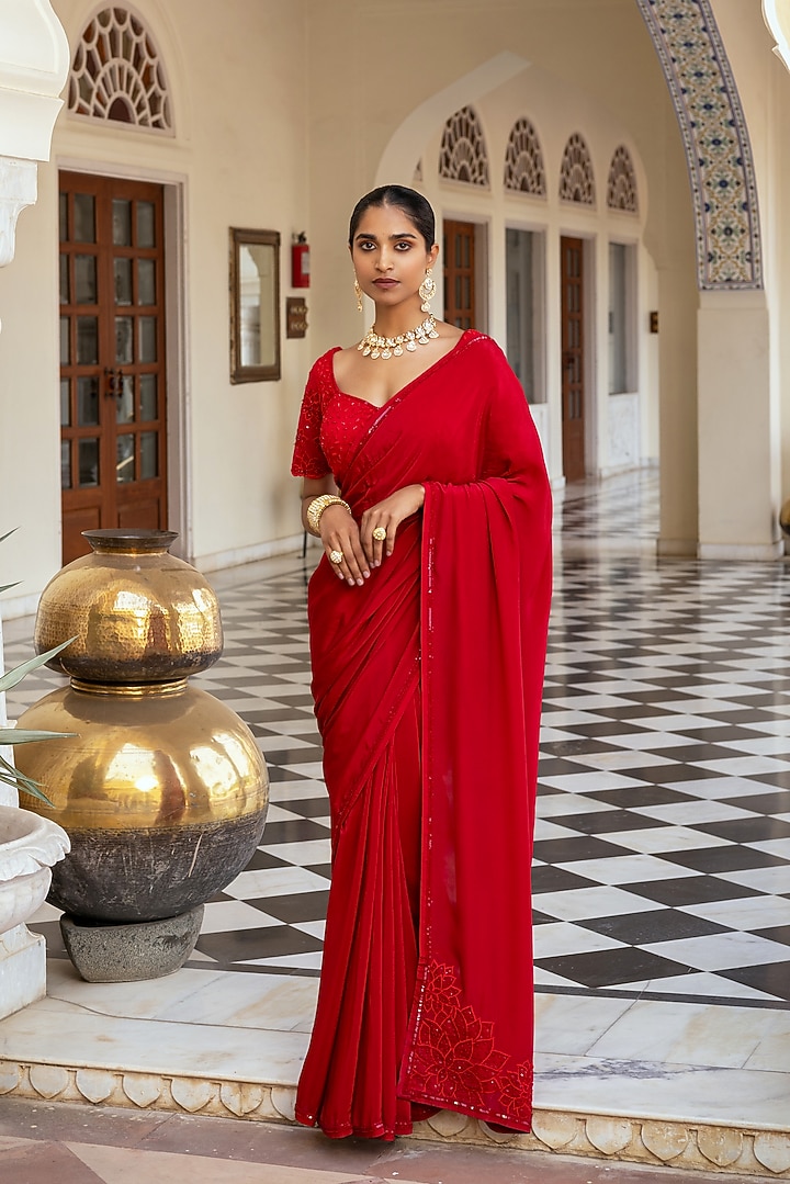 Red Crepe Floral Embroidered Party Wear Saree Set by Keosha at Pernia's Pop Up Shop