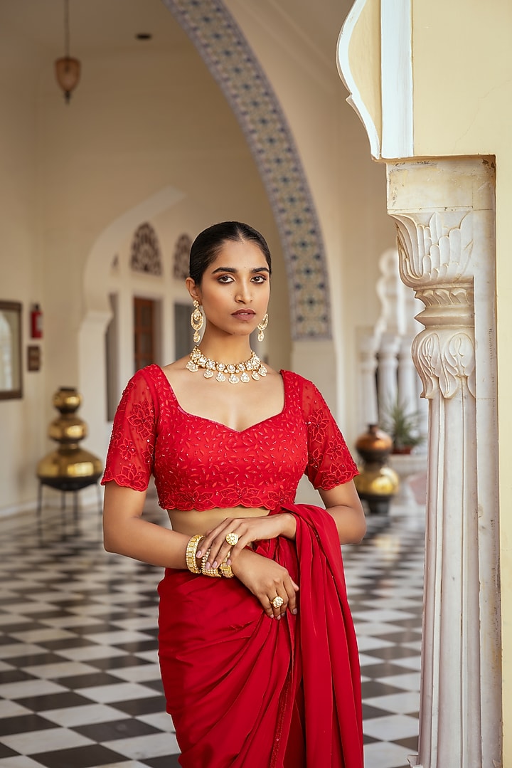 Red Crepe Floral Embroidered Party Wear Saree Set by Keosha at Pernia's Pop Up Shop