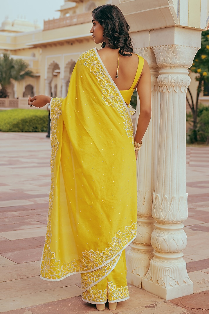 Yellow Silk Chanderi Sequins Embroidered Wedding Saree Set by Keosha at Pernia's Pop Up Shop