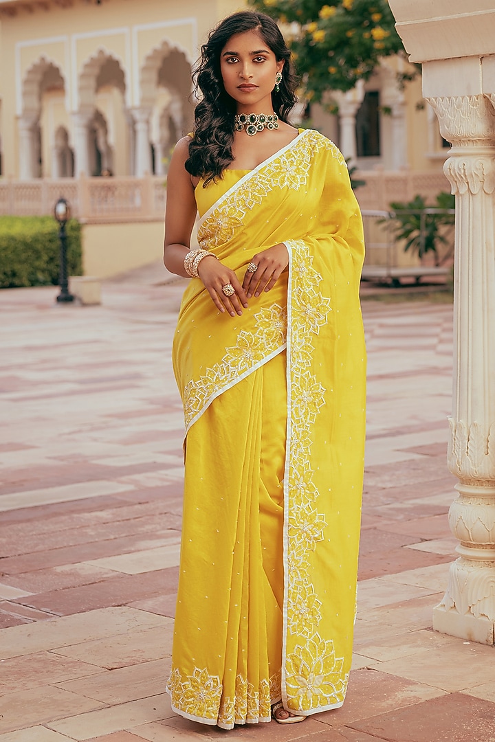 Yellow Silk Chanderi Sequins Embroidered Wedding Saree Set by Keosha at Pernia's Pop Up Shop