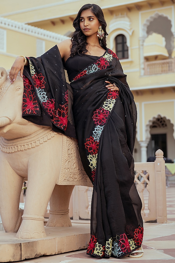 Black Silk Organza Patchwork Embroidered Saree Set by Keosha