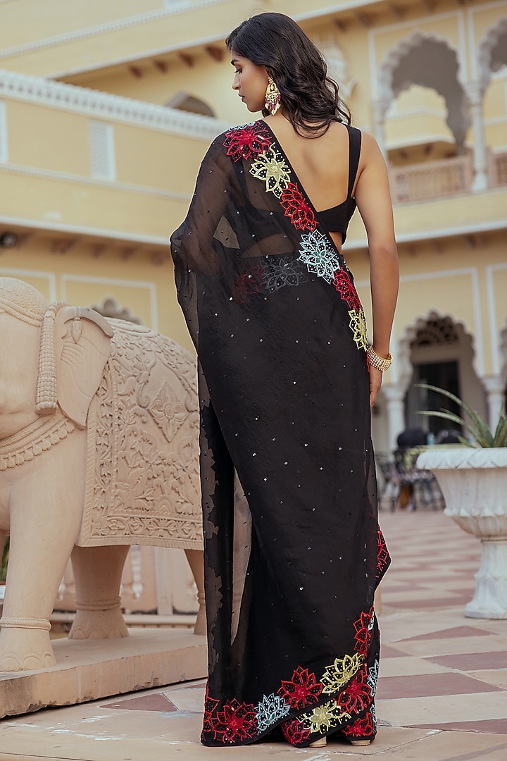 Black Silk Organza Patchwork Embroidered Wedding Saree Set by Keosha at Pernia's Pop Up Shop