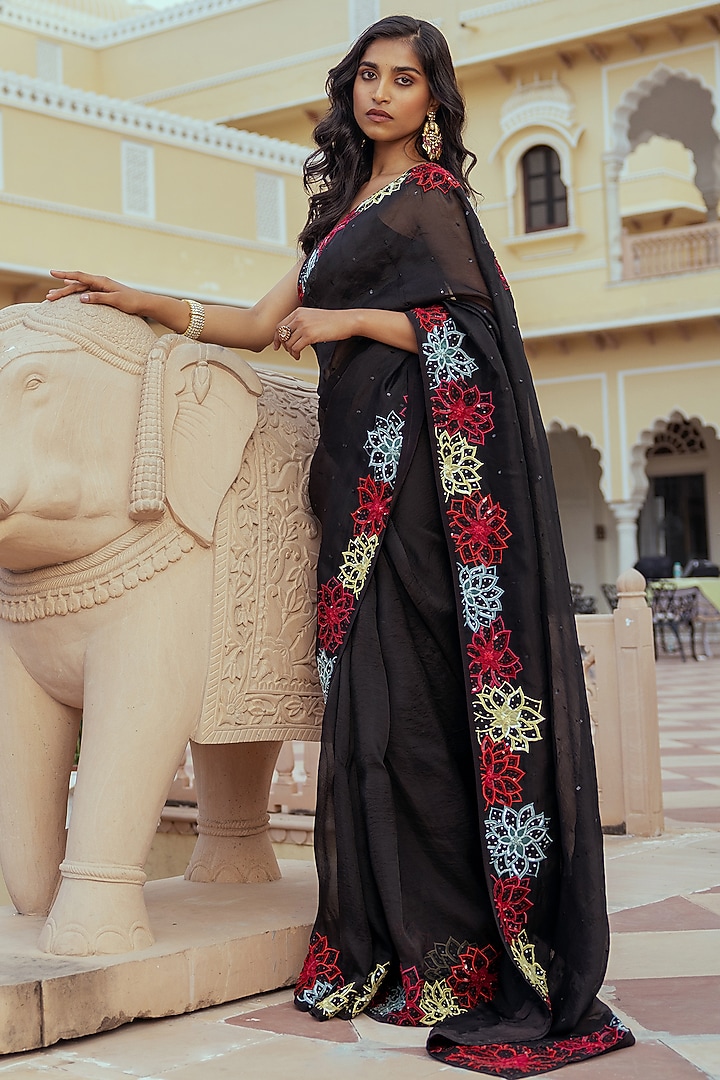 Black Silk Organza Patchwork Embroidered Wedding Saree Set by Keosha at Pernia's Pop Up Shop