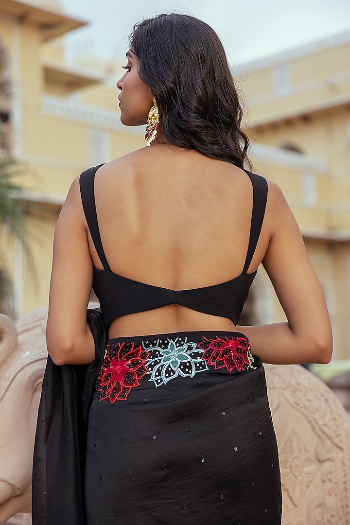 Black Silk Organza Patchwork Embroidered Wedding Saree Set by Keosha at Pernia's Pop Up Shop