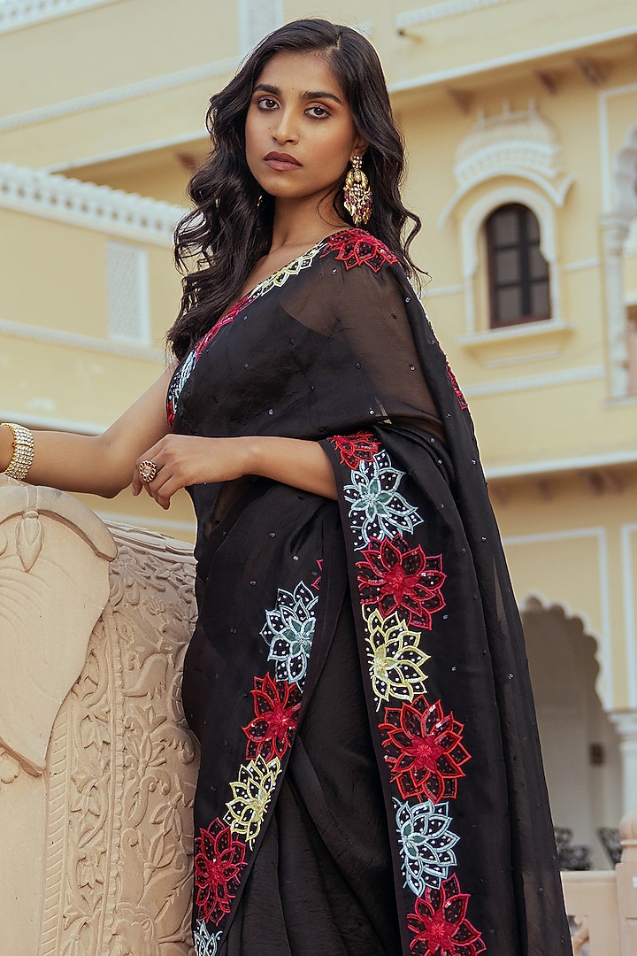 Black Silk Organza Patchwork Embroidered Wedding Saree Set by Keosha at Pernia's Pop Up Shop