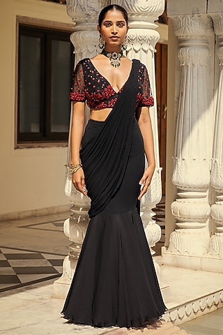 Black Georgette Fish-Cut Draped Saree Set by Keosha