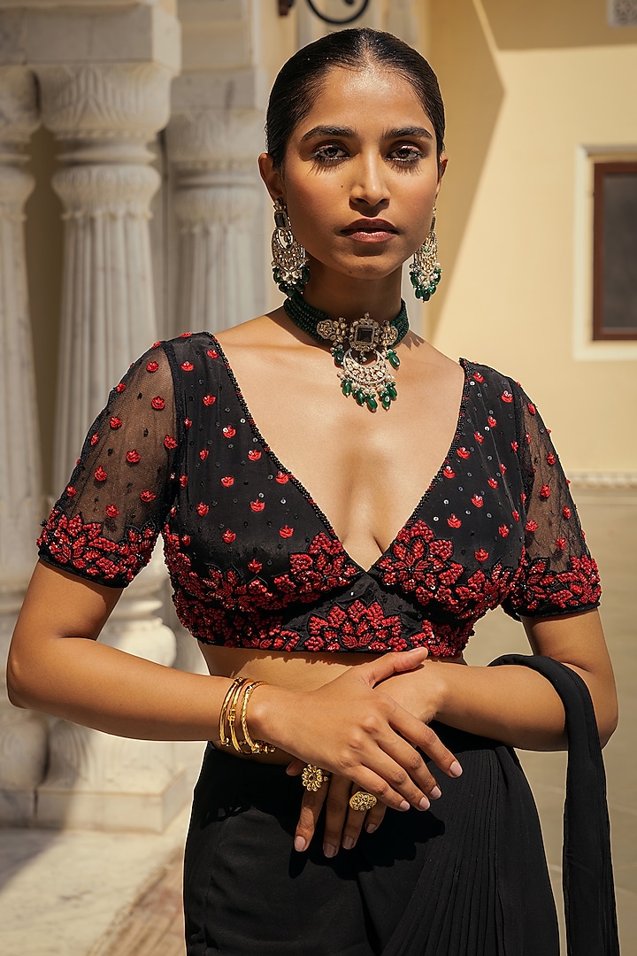 Black Georgette Fish-Cut Draped Party Wear Saree Set by Keosha at Pernia's Pop Up Shop
