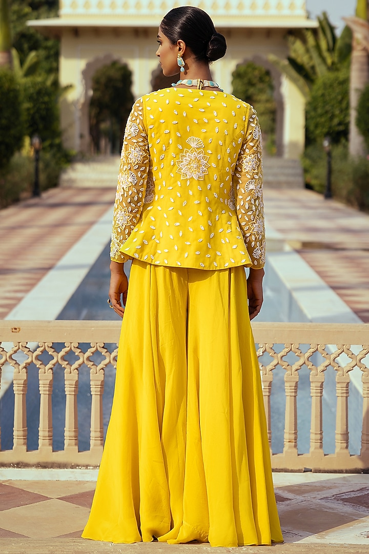 Yellow Organza Flared Party Wear Sharara Set by Keosha at Pernia's Pop Up Shop