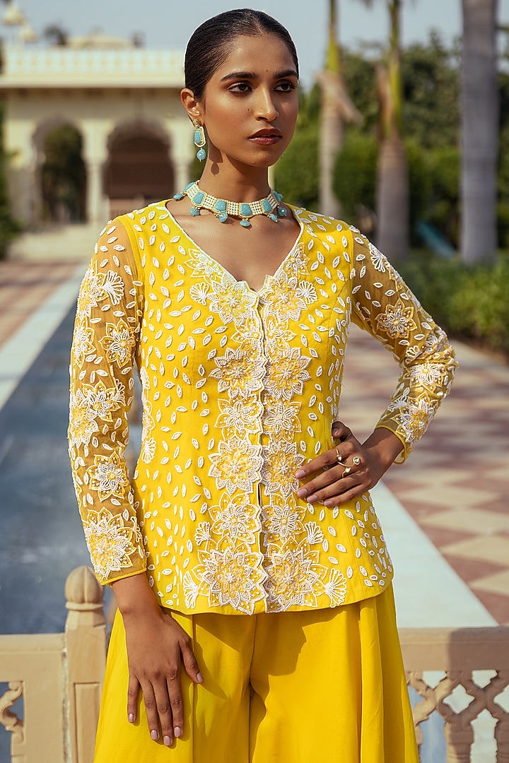 Yellow Organza Flared Party Wear Sharara Set by Keosha at Pernia's Pop Up Shop