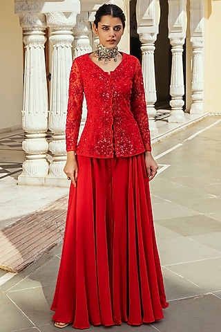 Red Organza Flared Sharara Set by Keosha