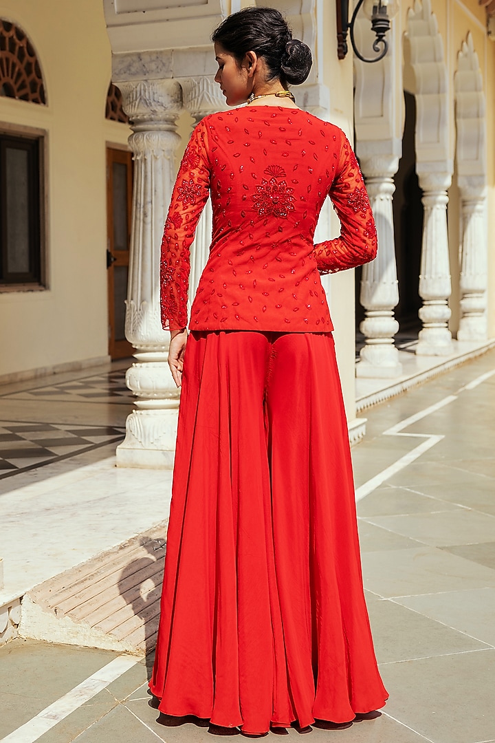 Red Organza Flared Wedding Sharara Set by Keosha at Pernia's Pop Up Shop