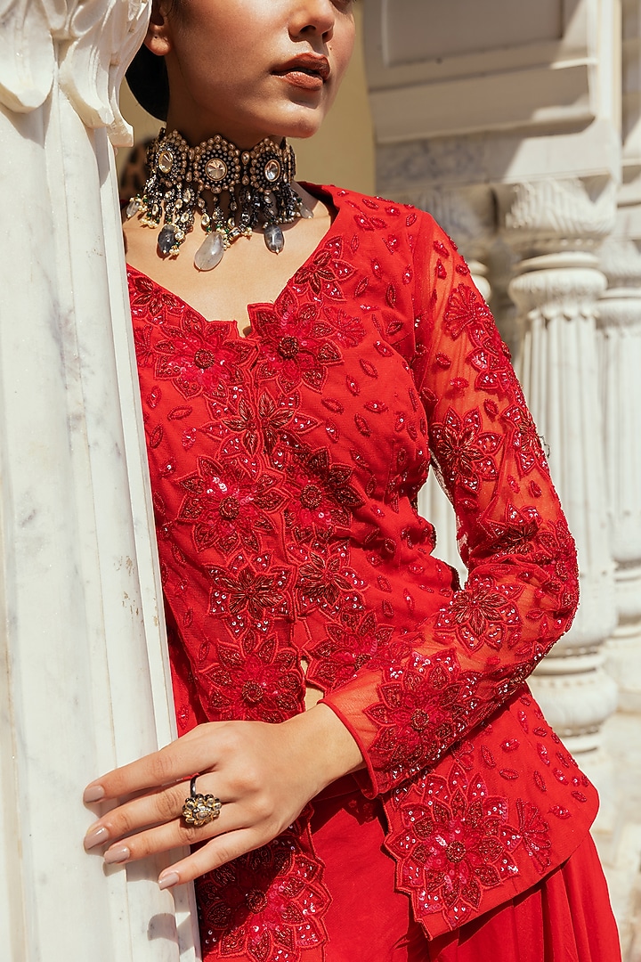 Red Organza Flared Wedding Sharara Set by Keosha at Pernia's Pop Up Shop