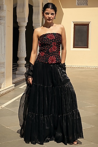 Black Satin Organza Sharara Set by Keosha