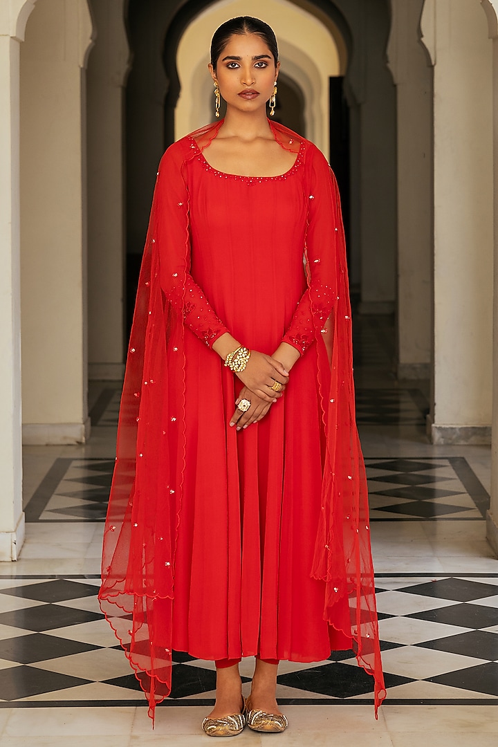Red Viscose Georgette Embroidered Anarkali Set by Keosha