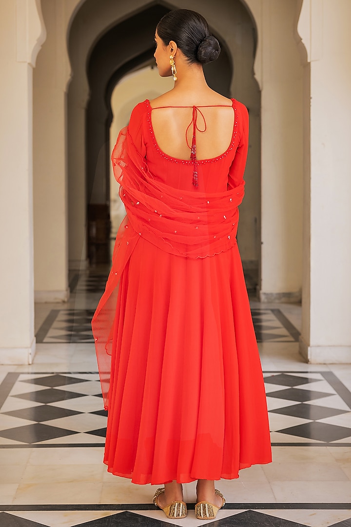 Red Viscose Georgette Embroidered Party Wear Anarkali Set by Keosha at Pernia's Pop Up Shop