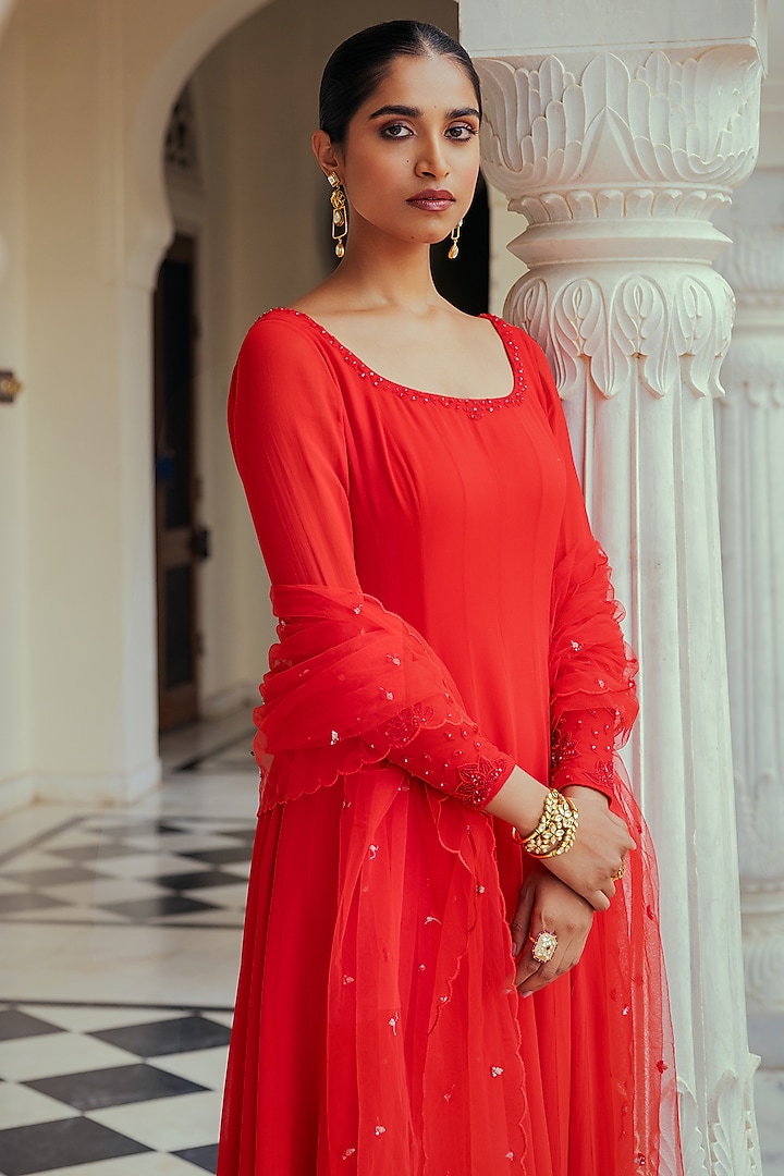 Red Viscose Georgette Embroidered Party Wear Anarkali Set by Keosha at Pernia's Pop Up Shop