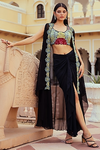Black Organza Embroidered Cape Set by Keosha