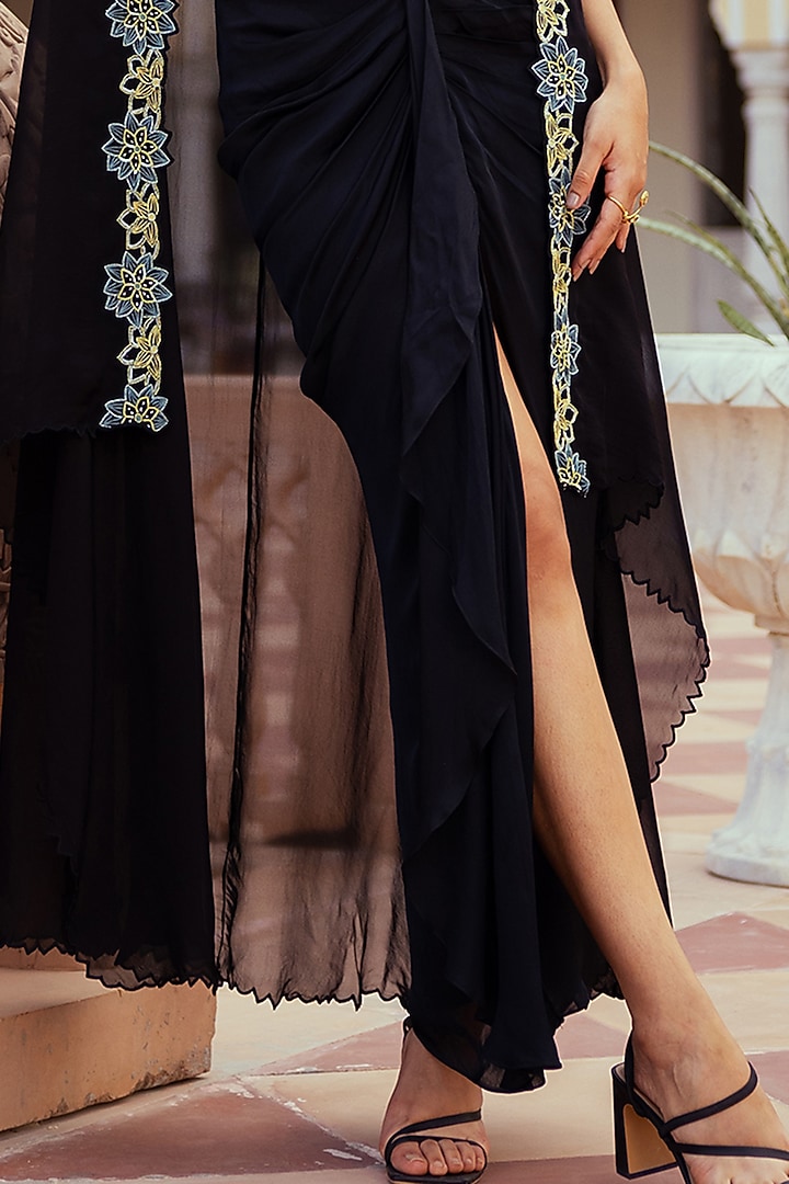 Black Organza Embroidered Cape Set by Keosha at Pernia's Pop Up Shop