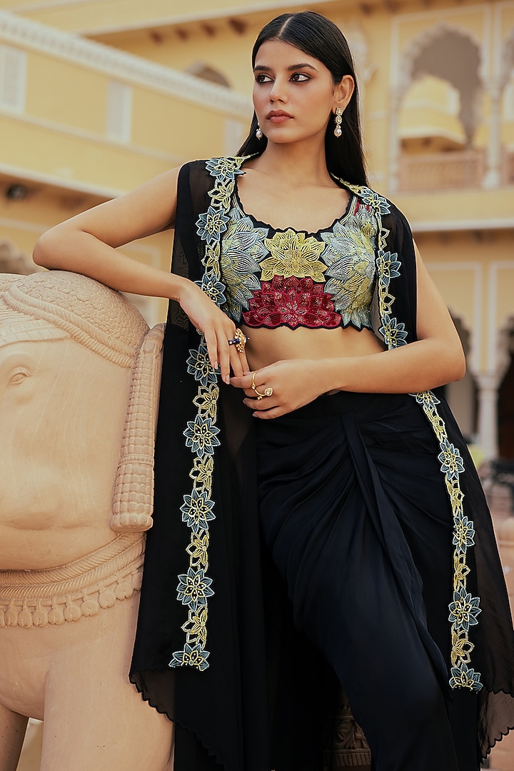 Black Organza Embroidered Cape Set by Keosha at Pernia's Pop Up Shop