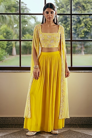 Yellow Georgette Embroidered Cape Set by Keosha