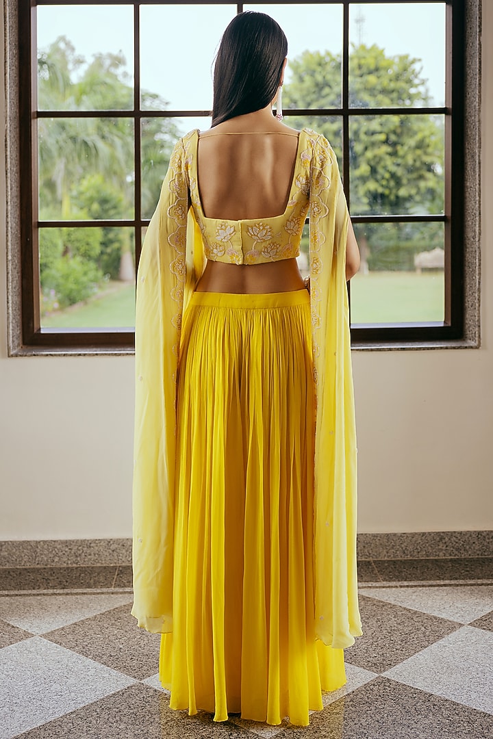 Yellow Georgette Embroidered Cape Set by Keosha at Pernia's Pop Up Shop