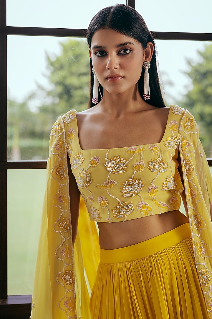 Yellow Georgette Embroidered Cape Set by Keosha at Pernia's Pop Up Shop