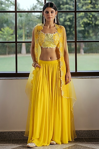 Yellow Organza Hand Embellished Cape Set by Keosha