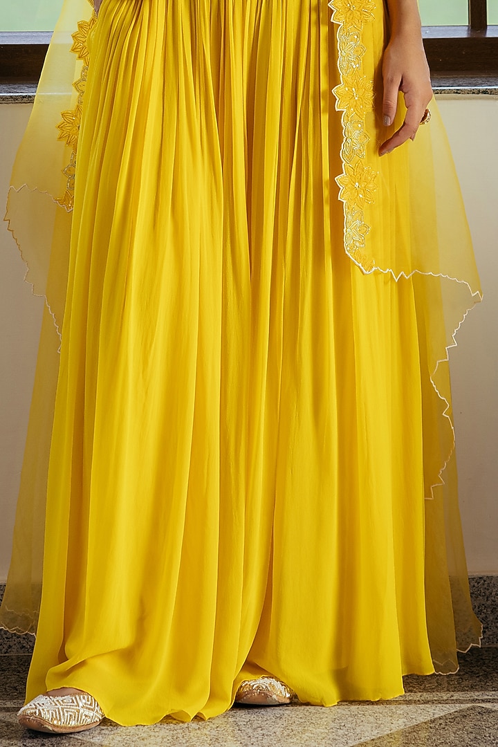 Yellow Organza Hand Embellished Cape Set by Keosha at Pernia's Pop Up Shop