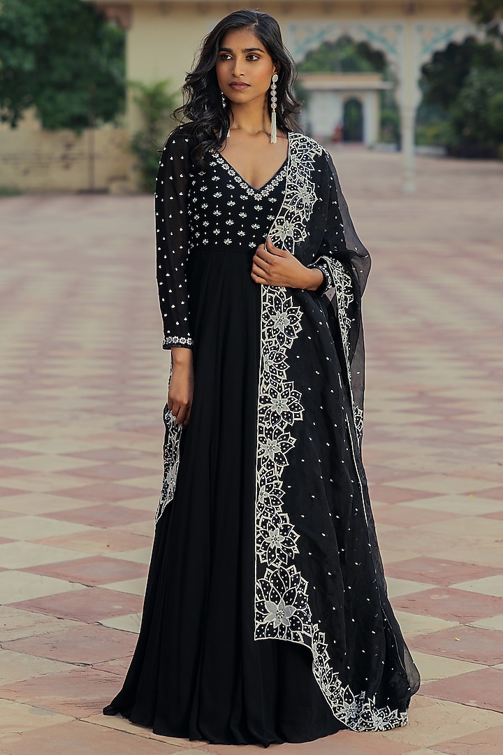 Black Georgette Embroidered Anarkali Set by Keosha