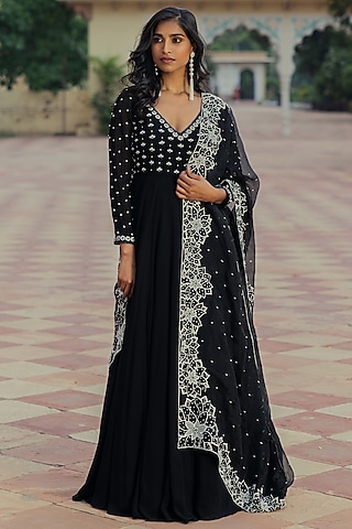 Black Georgette Embroidered Anarkali Set by Keosha