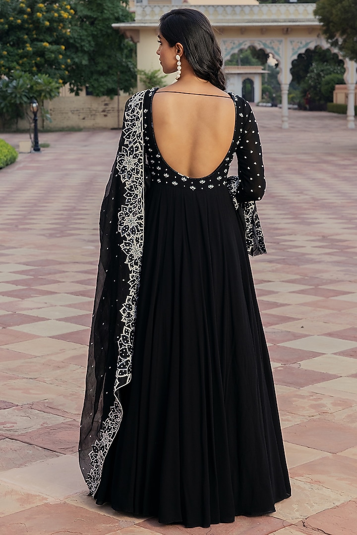 Black Georgette Embroidered Wedding Anarkali Set by Keosha at Pernia's Pop Up Shop