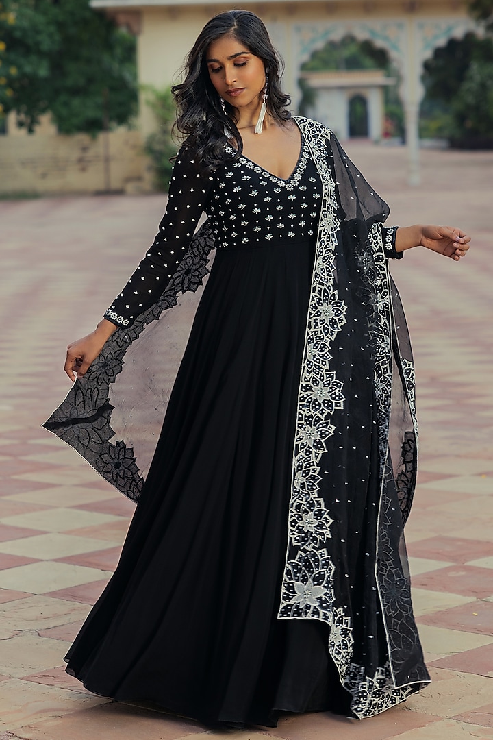 Black Georgette Embroidered Wedding Anarkali Set by Keosha at Pernia's Pop Up Shop