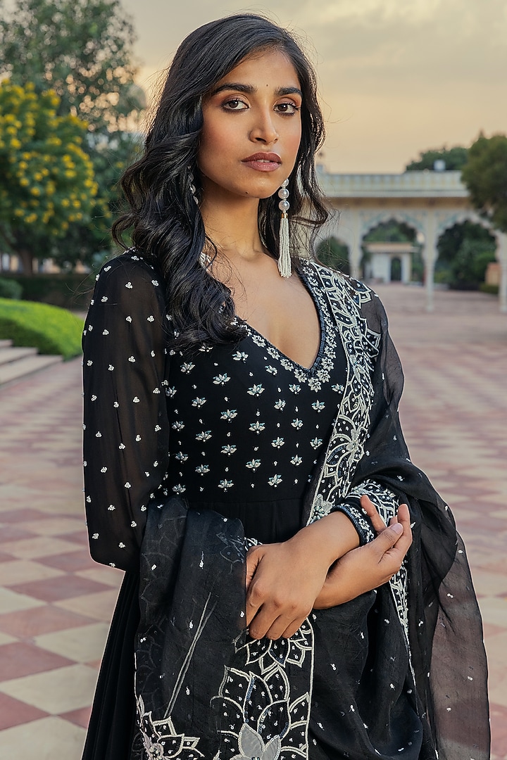 Black Georgette Embroidered Wedding Anarkali Set by Keosha at Pernia's Pop Up Shop