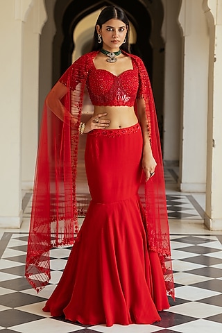 Red Organza Fish-Cut Lehenga Set by Keosha