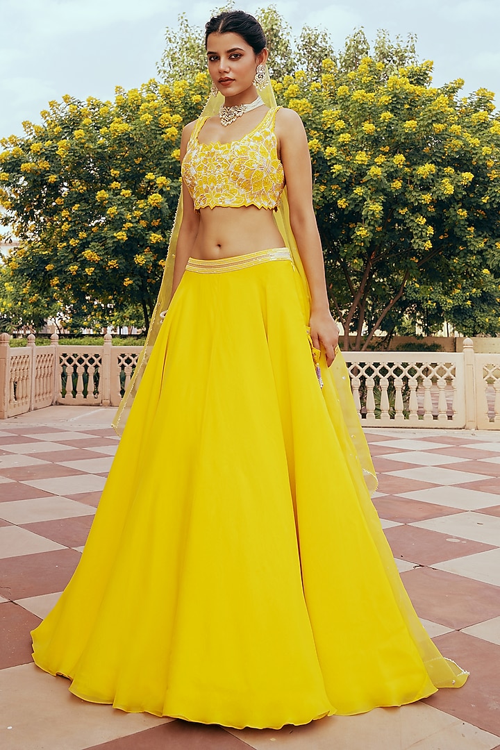 Yellow Organza Wedding Lehenga Set by Keosha at Pernia's Pop Up Shop