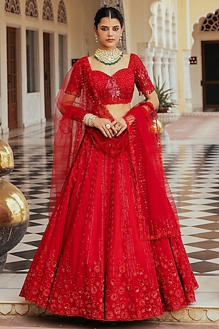Red Net Floral Embellished Lehenga Set by Keosha
