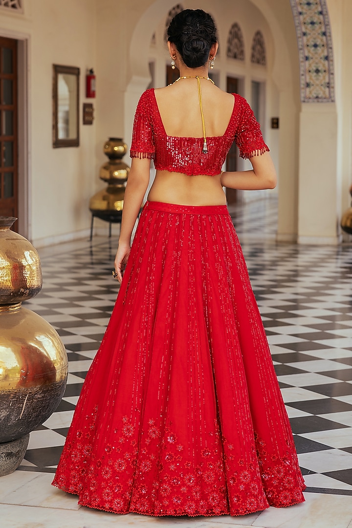 Red Net Floral Embellished Wedding Lehenga Set by Keosha at Pernia's Pop Up Shop