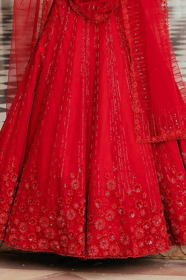 Red Net Floral Embellished Wedding Lehenga Set by Keosha at Pernia's Pop Up Shop