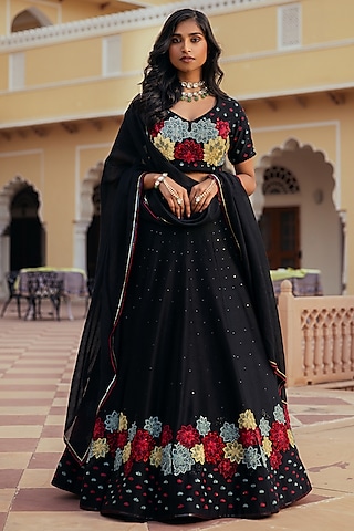 Black Silk Chanderi Patchwork Embroidered Lehenga Set by Keosha
